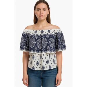 Lumiere Women's Off-Shoulder Ruffle Blouse –Blue & White Boho Print, Size Medium